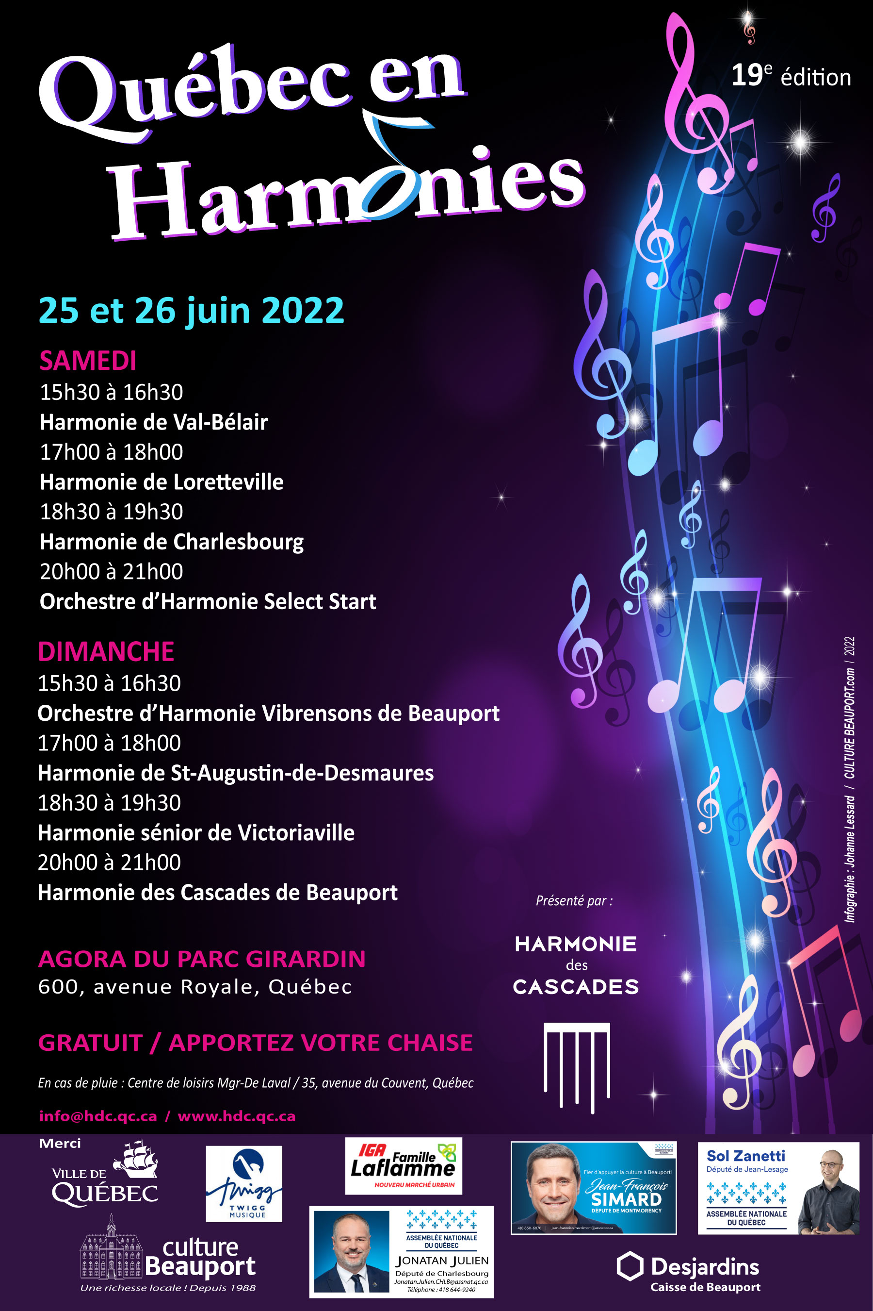Horaire des présentations de Québec en harmonie 2022